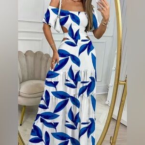 Blue and White Leaf Print Maxi Dress